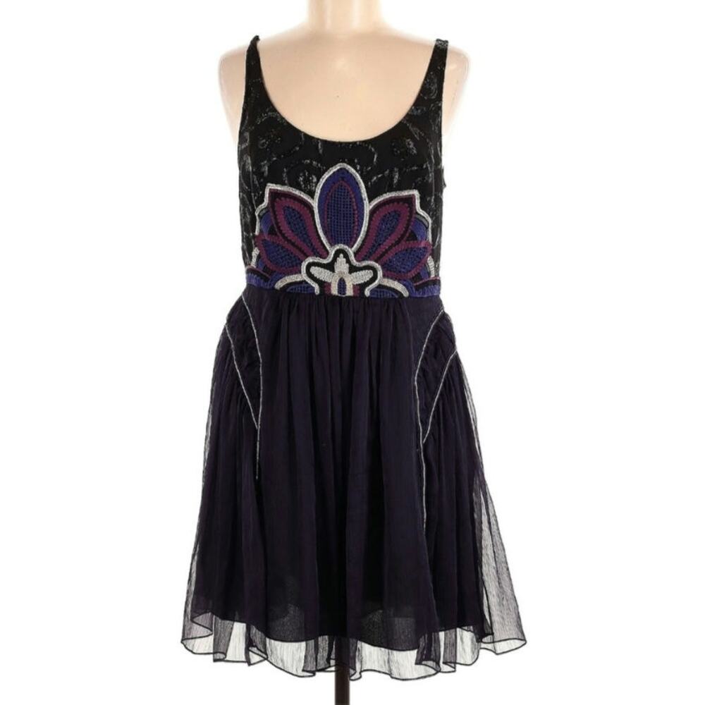 Black & Purple Floral Embellished Sleeveless Dress